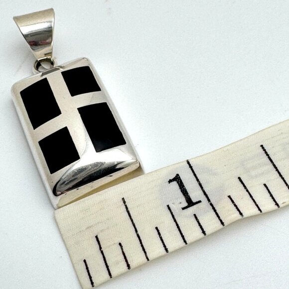 Vintage 925 Sterling Silver Black Onyx Modernist Mosaic Chunky Pendant - Picture 2 of 9